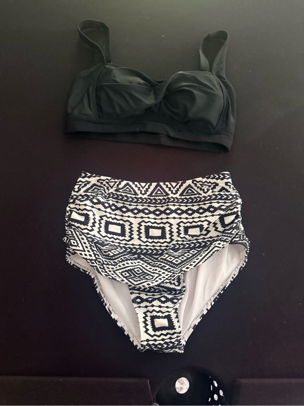 Black Crop Bikini Top with High-Waist Black & White Geometric Bottom